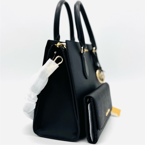 Michael Kors Sheila Medium Satchel Bag & Large Trifold Wallet Black/Gold - Picture 4 of 14